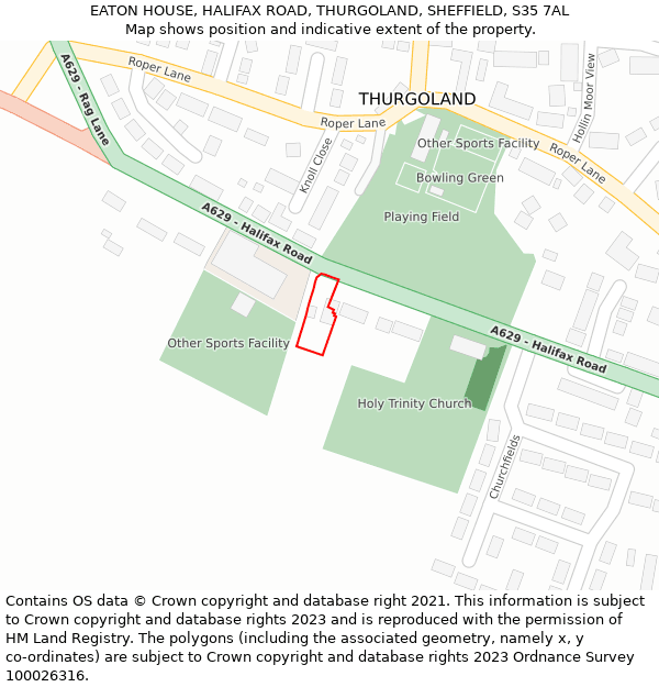 EATON HOUSE, HALIFAX ROAD, THURGOLAND, SHEFFIELD, S35 7AL: Location map and indicative extent of plot