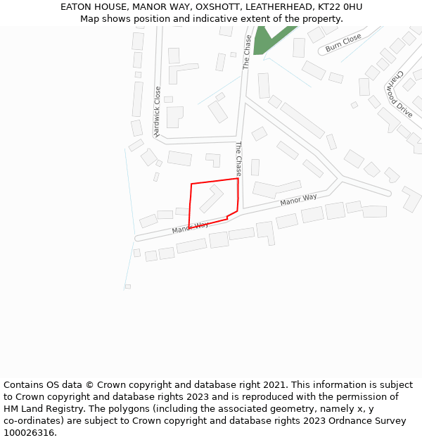 EATON HOUSE, MANOR WAY, OXSHOTT, LEATHERHEAD, KT22 0HU: Location map and indicative extent of plot