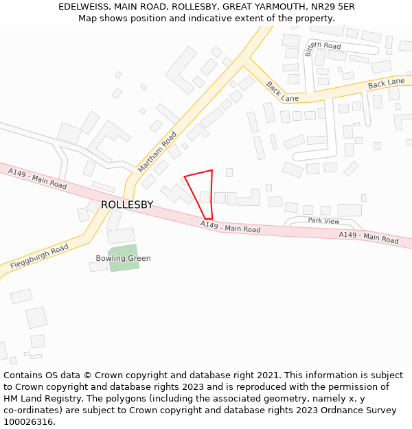 EDELWEISS, MAIN ROAD, ROLLESBY, GREAT YARMOUTH, NR29 5ER: Location map and indicative extent of plot
