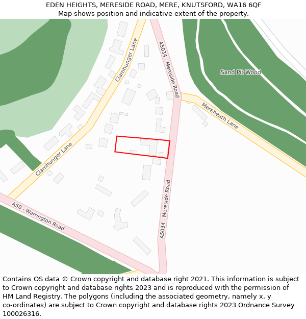 EDEN HEIGHTS, MERESIDE ROAD, MERE, KNUTSFORD, WA16 6QF: Location map and indicative extent of plot