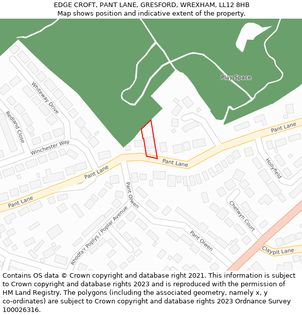 EDGE CROFT, PANT LANE, GRESFORD, WREXHAM, LL12 8HB: Location map and indicative extent of plot