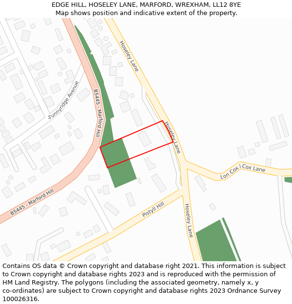 EDGE HILL, HOSELEY LANE, MARFORD, WREXHAM, LL12 8YE: Location map and indicative extent of plot