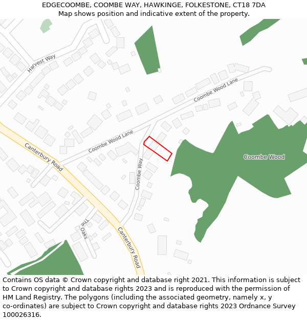 EDGECOOMBE, COOMBE WAY, HAWKINGE, FOLKESTONE, CT18 7DA: Location map and indicative extent of plot