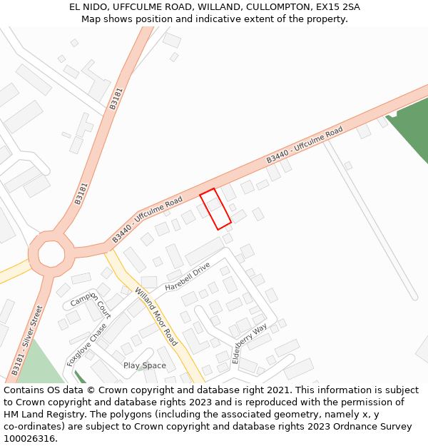 EL NIDO, UFFCULME ROAD, WILLAND, CULLOMPTON, EX15 2SA: Location map and indicative extent of plot