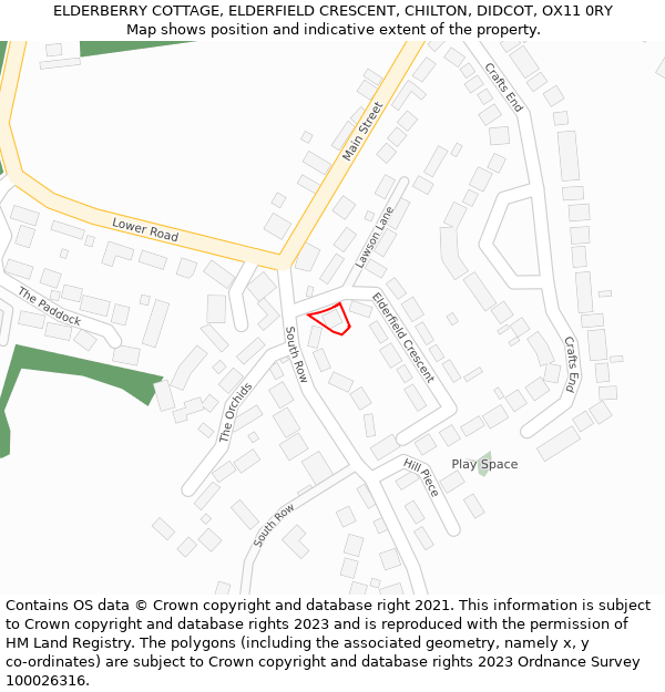 ELDERBERRY COTTAGE, ELDERFIELD CRESCENT, CHILTON, DIDCOT, OX11 0RY: Location map and indicative extent of plot