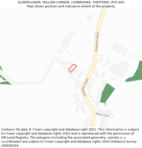 ELDERFLOWER, WILLOW CORNER, CARBROOKE, THETFORD, IP25 6SS: Location map and indicative extent of plot