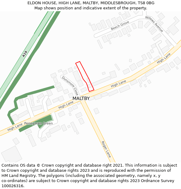 ELDON HOUSE, HIGH LANE, MALTBY, MIDDLESBROUGH, TS8 0BG: Location map and indicative extent of plot