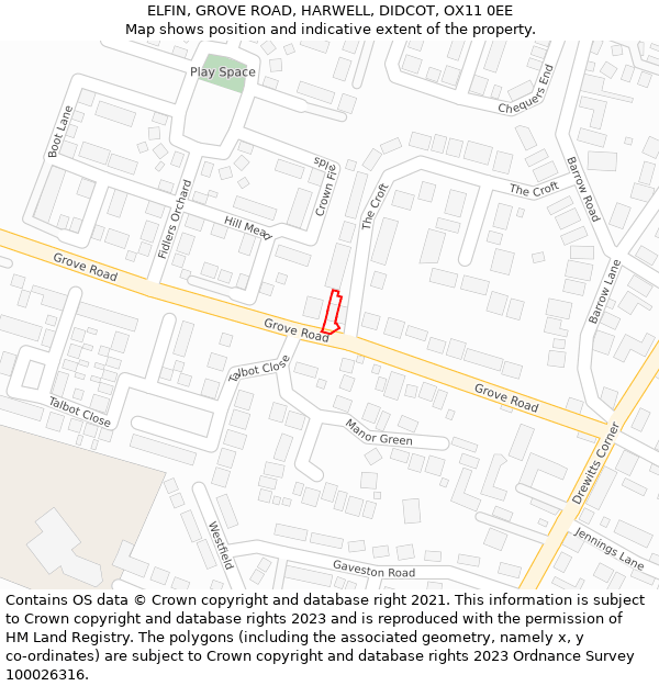 ELFIN, GROVE ROAD, HARWELL, DIDCOT, OX11 0EE: Location map and indicative extent of plot