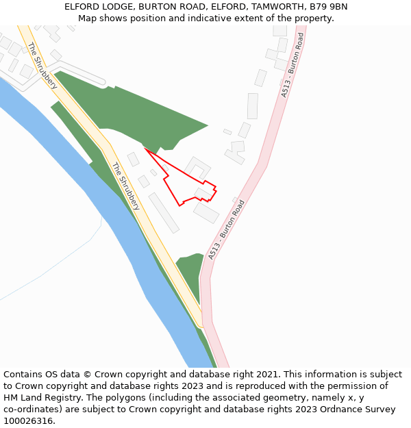 ELFORD LODGE, BURTON ROAD, ELFORD, TAMWORTH, B79 9BN: Location map and indicative extent of plot