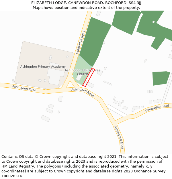 ELIZABETH LODGE, CANEWDON ROAD, ROCHFORD, SS4 3JJ: Location map and indicative extent of plot