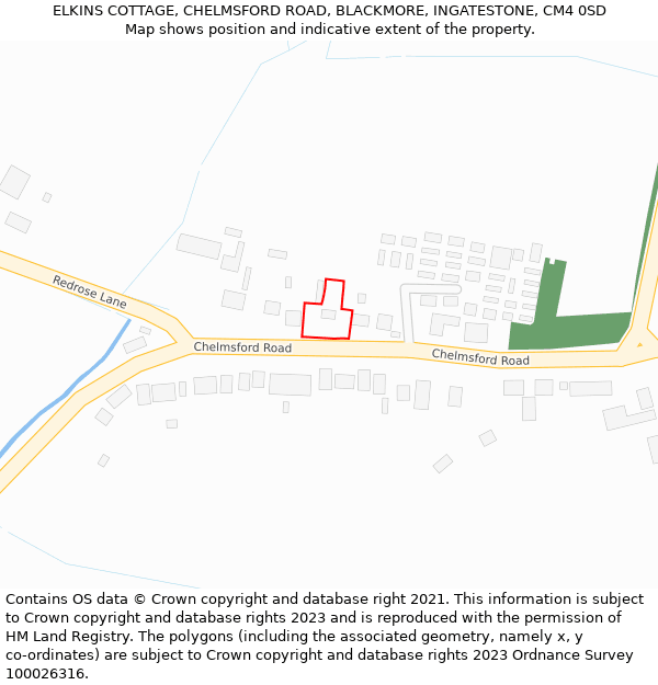 ELKINS COTTAGE, CHELMSFORD ROAD, BLACKMORE, INGATESTONE, CM4 0SD: Location map and indicative extent of plot