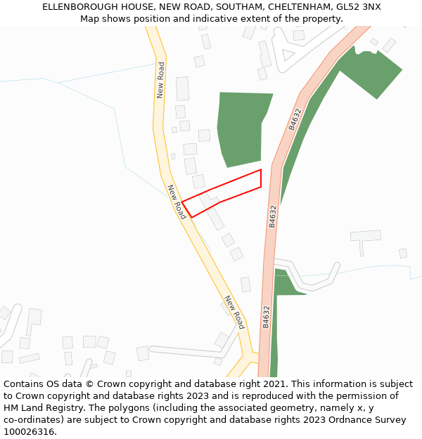 ELLENBOROUGH HOUSE, NEW ROAD, SOUTHAM, CHELTENHAM, GL52 3NX: Location map and indicative extent of plot