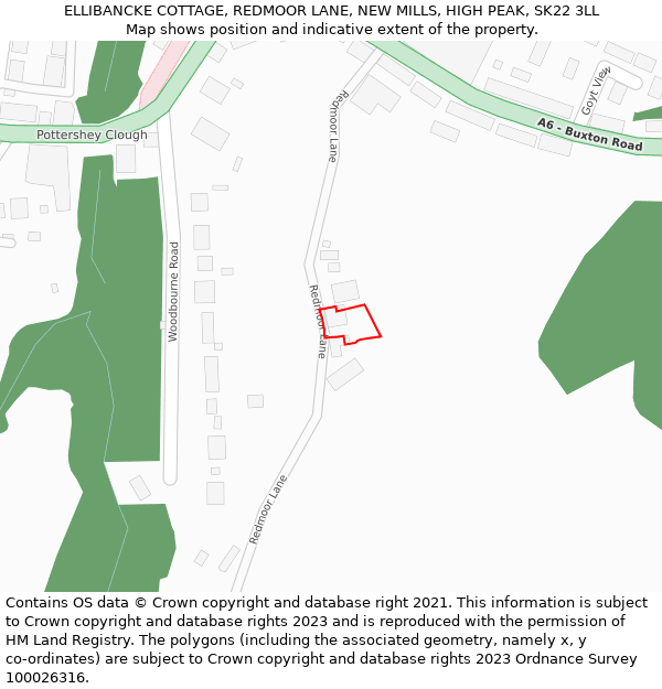 ELLIBANCKE COTTAGE, REDMOOR LANE, NEW MILLS, HIGH PEAK, SK22 3LL: Location map and indicative extent of plot