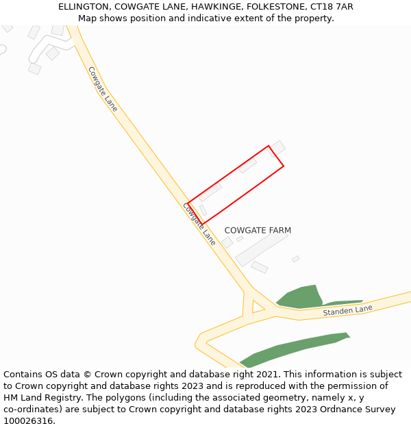 ELLINGTON, COWGATE LANE, HAWKINGE, FOLKESTONE, CT18 7AR: Location map and indicative extent of plot