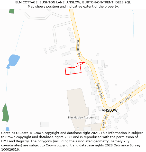 ELM COTTAGE, BUSHTON LANE, ANSLOW, BURTON-ON-TRENT, DE13 9QL: Location map and indicative extent of plot