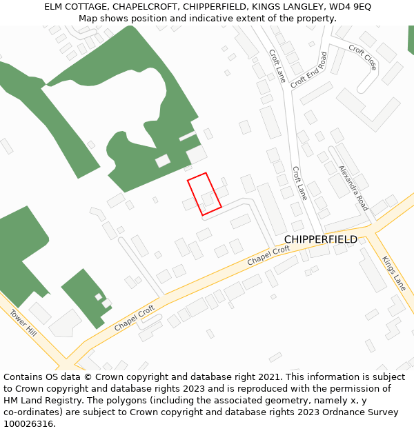 ELM COTTAGE, CHAPELCROFT, CHIPPERFIELD, KINGS LANGLEY, WD4 9EQ: Location map and indicative extent of plot