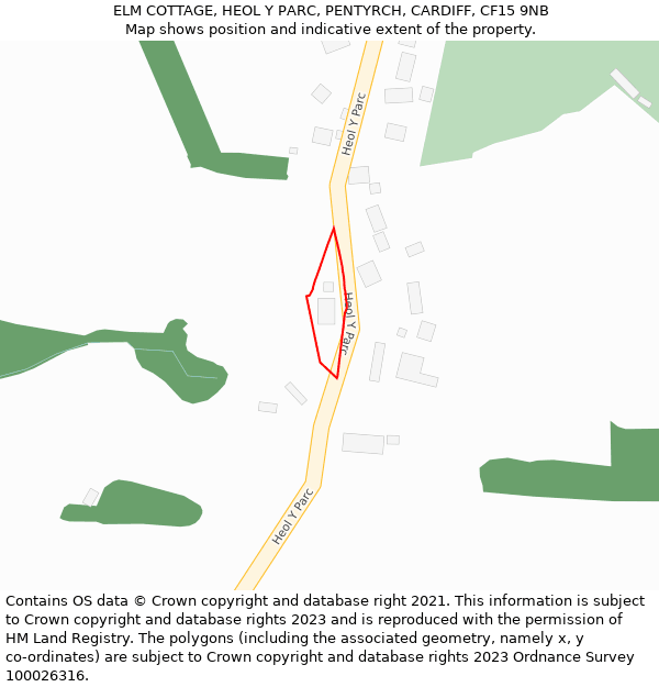 ELM COTTAGE, HEOL Y PARC, PENTYRCH, CARDIFF, CF15 9NB: Location map and indicative extent of plot