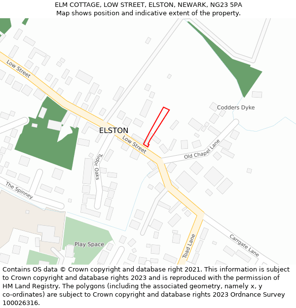 ELM COTTAGE, LOW STREET, ELSTON, NEWARK, NG23 5PA: Location map and indicative extent of plot