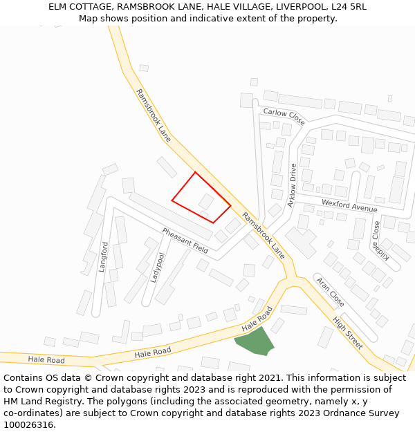 ELM COTTAGE, RAMSBROOK LANE, HALE VILLAGE, LIVERPOOL, L24 5RL: Location map and indicative extent of plot