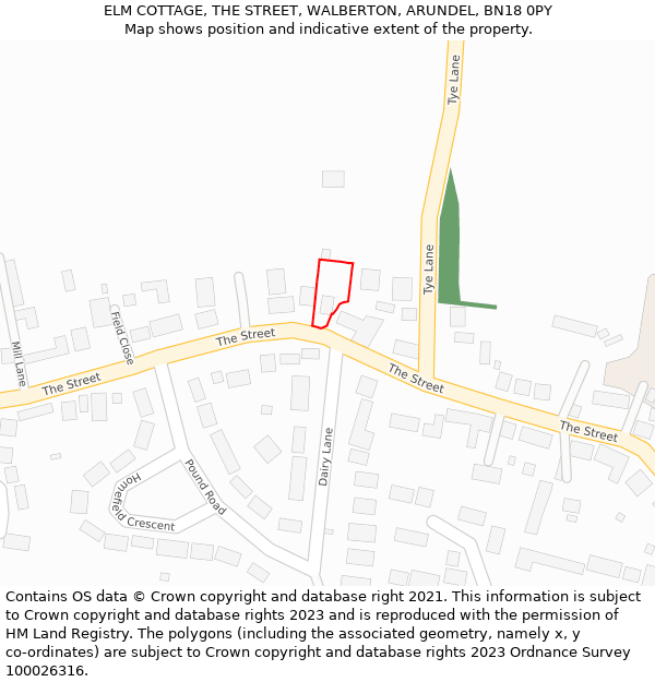 ELM COTTAGE, THE STREET, WALBERTON, ARUNDEL, BN18 0PY: Location map and indicative extent of plot