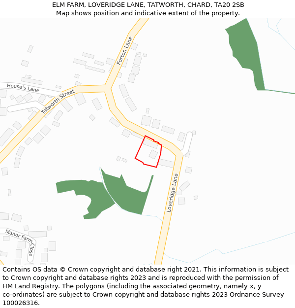 ELM FARM, LOVERIDGE LANE, TATWORTH, CHARD, TA20 2SB: Location map and indicative extent of plot