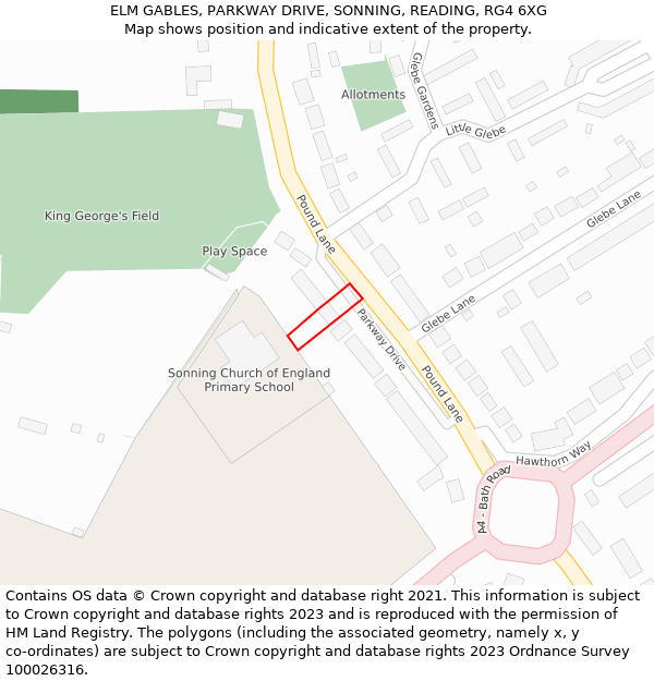 ELM GABLES, PARKWAY DRIVE, SONNING, READING, RG4 6XG: Location map and indicative extent of plot