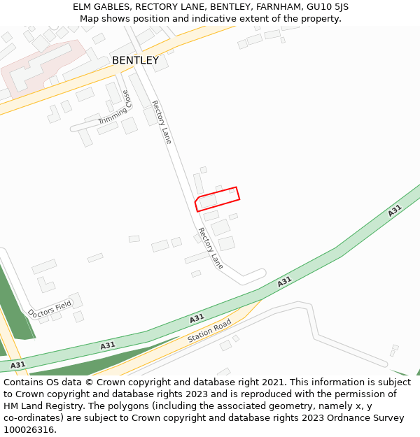 ELM GABLES, RECTORY LANE, BENTLEY, FARNHAM, GU10 5JS: Location map and indicative extent of plot