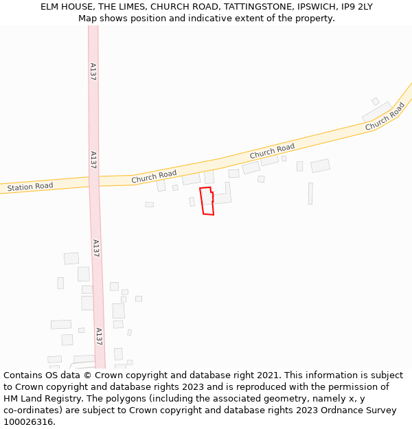 ELM HOUSE, THE LIMES, CHURCH ROAD, TATTINGSTONE, IPSWICH, IP9 2LY: Location map and indicative extent of plot