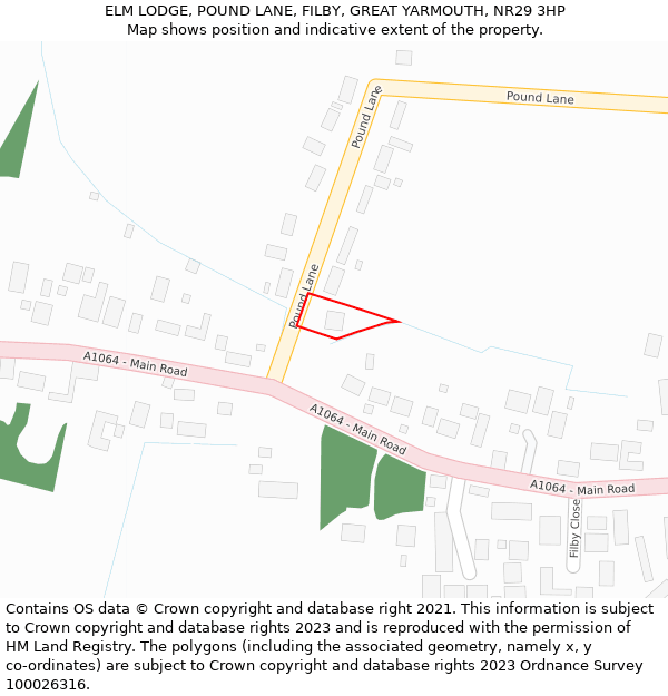 ELM LODGE, POUND LANE, FILBY, GREAT YARMOUTH, NR29 3HP: Location map and indicative extent of plot