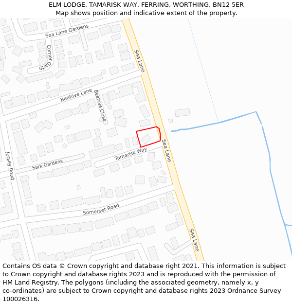 ELM LODGE, TAMARISK WAY, FERRING, WORTHING, BN12 5ER: Location map and indicative extent of plot
