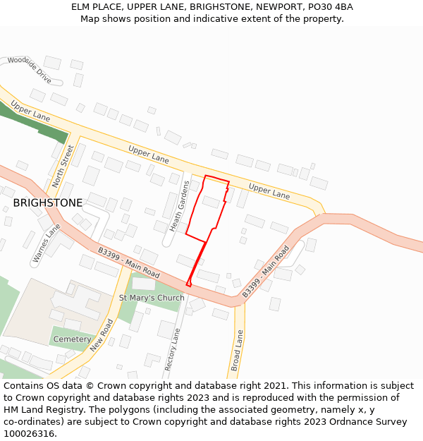 ELM PLACE, UPPER LANE, BRIGHSTONE, NEWPORT, PO30 4BA: Location map and indicative extent of plot