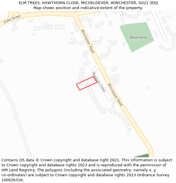 ELM TREES, HAWTHORN CLOSE, MICHELDEVER, WINCHESTER, SO21 3DQ: Location map and indicative extent of plot