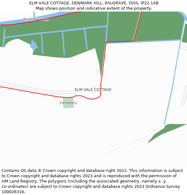 ELM VALE COTTAGE, DENMARK HILL, PALGRAVE, DISS, IP22 1AB: Location map and indicative extent of plot