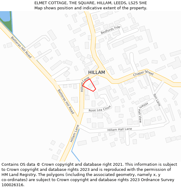 ELMET COTTAGE, THE SQUARE, HILLAM, LEEDS, LS25 5HE: Location map and indicative extent of plot
