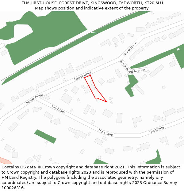 ELMHIRST HOUSE, FOREST DRIVE, KINGSWOOD, TADWORTH, KT20 6LU: Location map and indicative extent of plot