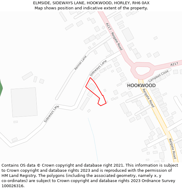 ELMSIDE, SIDEWAYS LANE, HOOKWOOD, HORLEY, RH6 0AX: Location map and indicative extent of plot