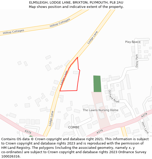 ELMSLEIGH, LODGE LANE, BRIXTON, PLYMOUTH, PL8 2AU: Location map and indicative extent of plot