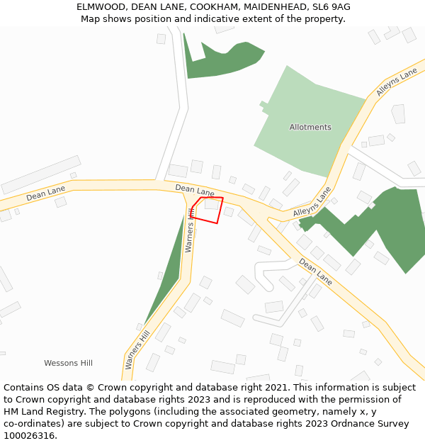 ELMWOOD, DEAN LANE, COOKHAM, MAIDENHEAD, SL6 9AG: Location map and indicative extent of plot