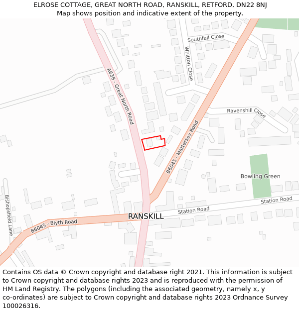 ELROSE COTTAGE, GREAT NORTH ROAD, RANSKILL, RETFORD, DN22 8NJ: Location map and indicative extent of plot