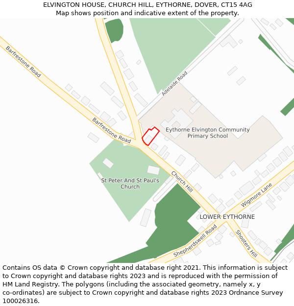 ELVINGTON HOUSE, CHURCH HILL, EYTHORNE, DOVER, CT15 4AG: Location map and indicative extent of plot