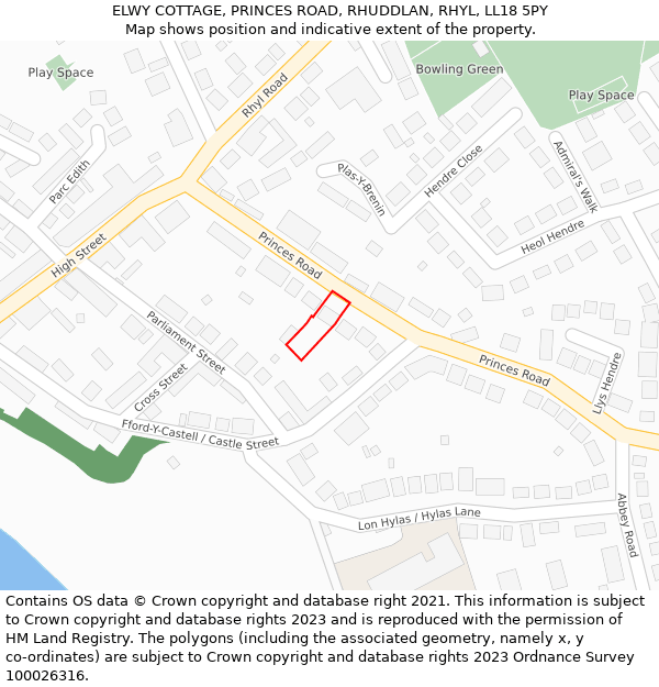 ELWY COTTAGE, PRINCES ROAD, RHUDDLAN, RHYL, LL18 5PY: Location map and indicative extent of plot