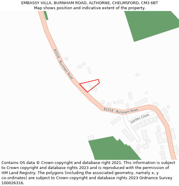 EMBASSY VILLA, BURNHAM ROAD, ALTHORNE, CHELMSFORD, CM3 6BT: Location map and indicative extent of plot