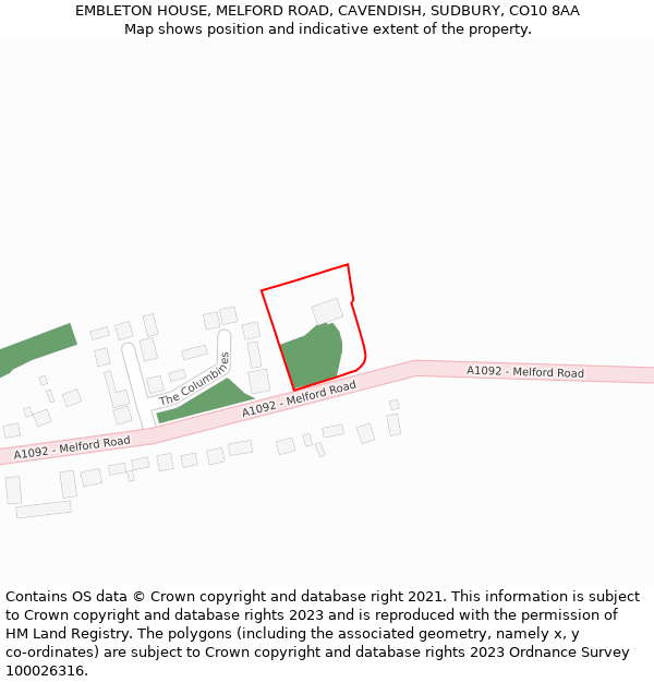 EMBLETON HOUSE, MELFORD ROAD, CAVENDISH, SUDBURY, CO10 8AA: Location map and indicative extent of plot