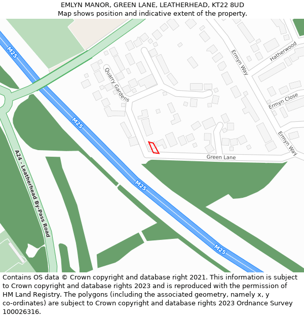 EMLYN MANOR, GREEN LANE, LEATHERHEAD, KT22 8UD: Location map and indicative extent of plot