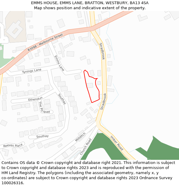 EMMS HOUSE, EMMS LANE, BRATTON, WESTBURY, BA13 4SA: Location map and indicative extent of plot