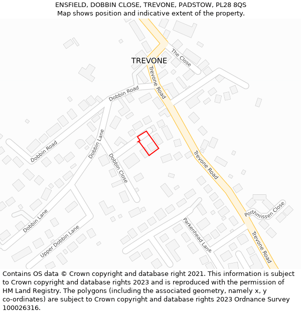 ENSFIELD, DOBBIN CLOSE, TREVONE, PADSTOW, PL28 8QS: Location map and indicative extent of plot