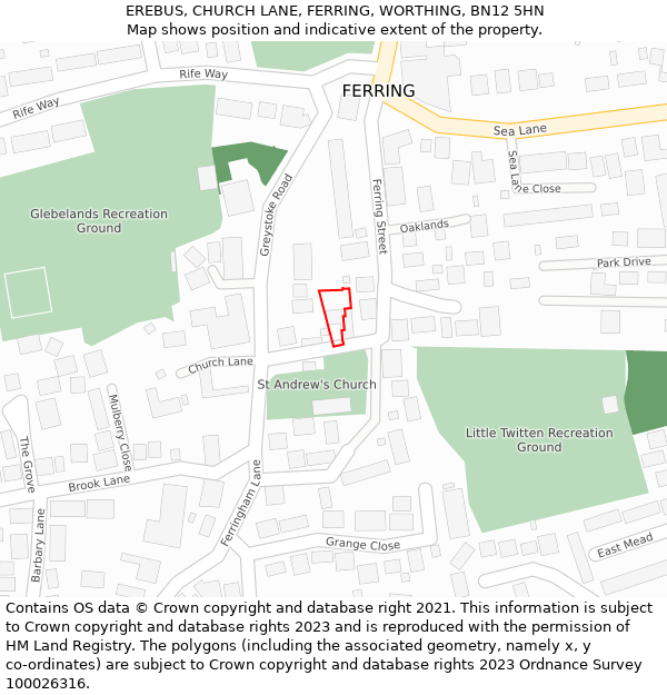 EREBUS, CHURCH LANE, FERRING, WORTHING, BN12 5HN: Location map and indicative extent of plot