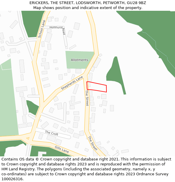 ERICKERS, THE STREET, LODSWORTH, PETWORTH, GU28 9BZ: Location map and indicative extent of plot