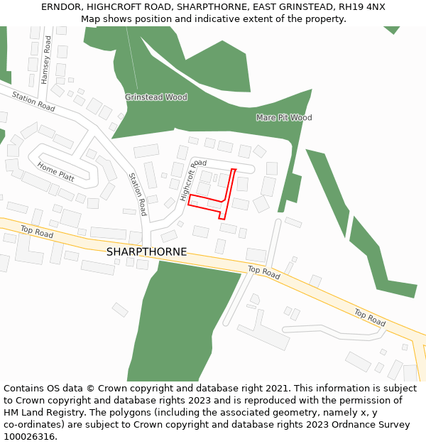 ERNDOR, HIGHCROFT ROAD, SHARPTHORNE, EAST GRINSTEAD, RH19 4NX: Location map and indicative extent of plot