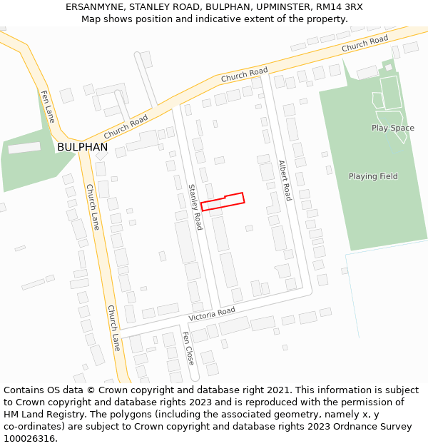 ERSANMYNE, STANLEY ROAD, BULPHAN, UPMINSTER, RM14 3RX: Location map and indicative extent of plot